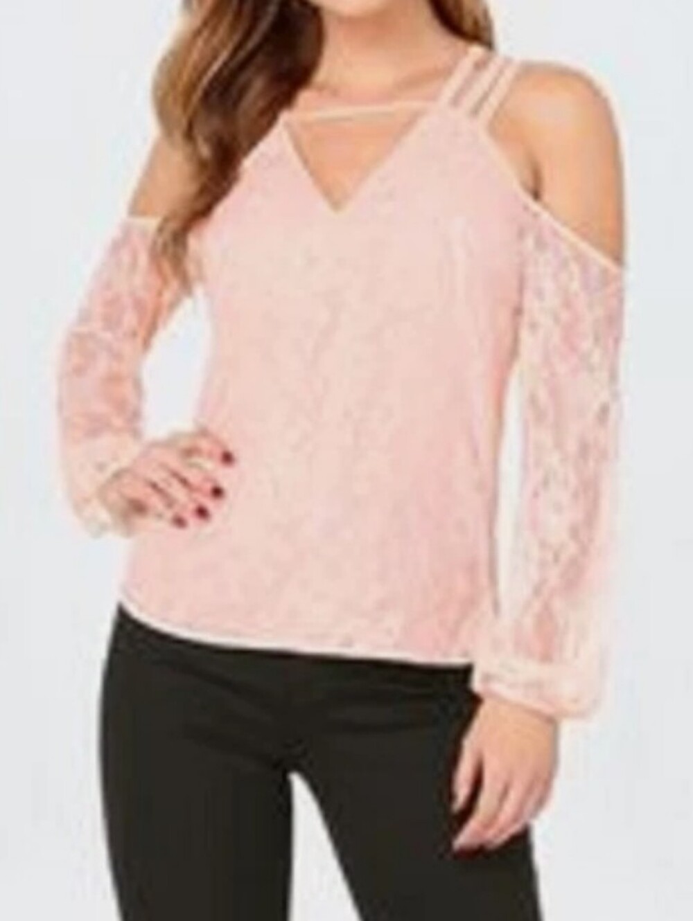 Bebe Pink Lace Cold Shoulder Long Sleeved Top